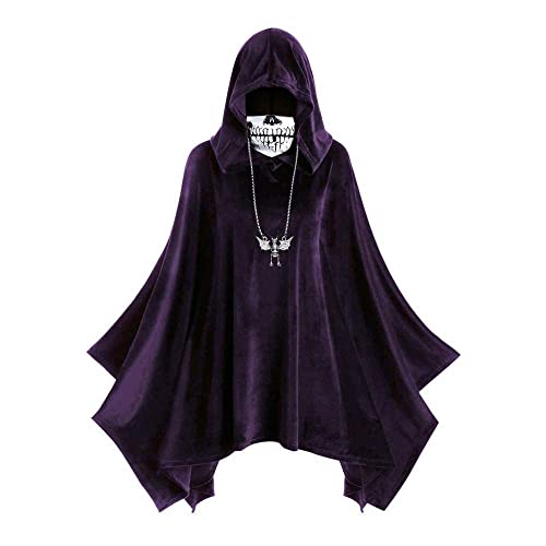 THj Capa de Terciopelo de Halloween Capas con Capucha Chal Abrigo + Máscara de Calavera Capa con Capucha Mujer (Naranja, S) (Morado X)