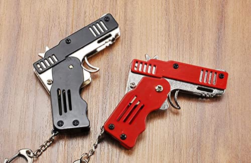 TIANLE 2 - Piece Set Rubber Gun Toy Easy - Fit Folded Hand - Made Toy Gun Mini - Metal Rubber Gun with Keychain and 60 Elastic Rubber Band