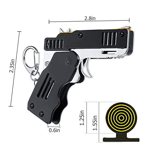 TIANLE 2 - Piece Set Rubber Gun Toy Easy - Fit Folded Hand - Made Toy Gun Mini - Metal Rubber Gun with Keychain and 60 Elastic Rubber Band