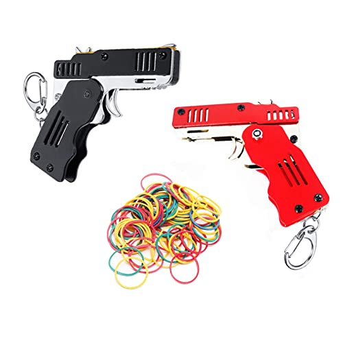 TIANLE 2 - Piece Set Rubber Gun Toy Easy - Fit Folded Hand - Made Toy Gun Mini - Metal Rubber Gun with Keychain and 60 Elastic Rubber Band