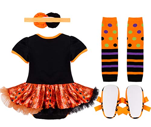 TiaoBug 4Pcs Disfraz de Calabaza Bebé Recien Nacidas de Fiesta Halloween Carnaval de Infante (0-12 Meses) Tutú Vestido Fiesta Pelele Body con Zapatos Tocado Calentadores Naranja y Negro 6-9 Meses