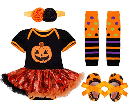 TiaoBug 4Pcs Disfraz de Calabaza Bebé Recien Nacidas de Fiesta Halloween Carnaval de Infante (0-12 Meses) Tutú Vestido Fiesta Pelele Body con Zapatos Tocado Calentadores Naranja y Negro 6-9 Meses