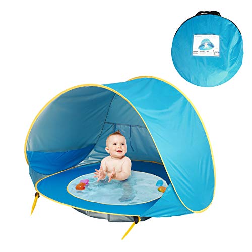 Tienda Playa Bebe Modelo Actualizada,Pop up Tienda de Bebé con Piscina para Infantil, Carpa Automática Plegable Portátil de protección Solar Anti UV 50+ (Adecuada para bebé de 3 a 36 Meses) (Azul)