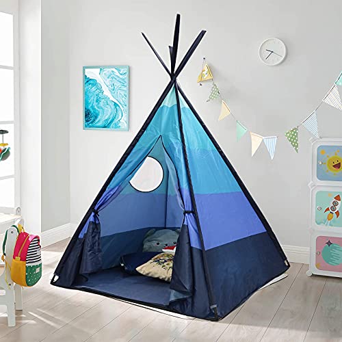 Tipi Infantil Tipi Indio para ninos de Poliéster Tienda Campaña Portátil para Interiores y Exteriores,110x110x152 cm (Azul)