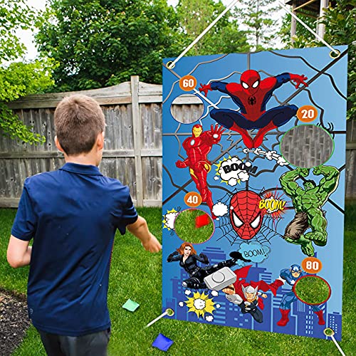 Tomicy Carnival Spiderman Banner con 3 Bean Bags Circus Bean Bag Toss Juego para Las Actividades de la Fiesta de Spiderman, Materiales de Fiesta de Spiderman, Grandes Decoraciones de Carnaval