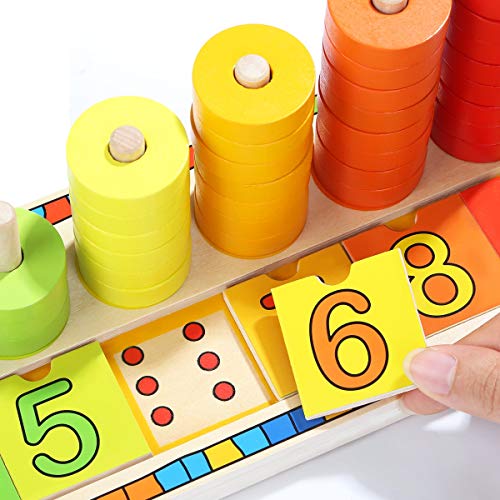 TOP BRIGHT Juego Educativo Montessori - Puzzle de Numeros, Anillos y Bloques de Madera Apilables para Niños de 3 años – Juguete de Iniciación a Las Matemáticas, Lógica y Desarrollo Cognitivo