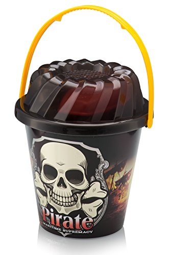 Top Race Juego de 6 cubos de playa para rastrillo, pala para barco/barco, espada y espada, diseño de piratas, con moldes y juguetes empaquetados en cubos grandes de 17,78 cm, color negro