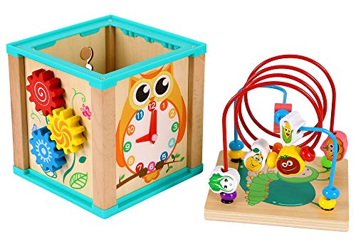 TOWO Cuentas de cubo de actividad de madera Laberinto -5 Actividades Montaña rusa Abacus Ruedas dentadas Engranajes Reloj zig zag slide- juguetes educativos tempranos para bebés Montessori de 1 año