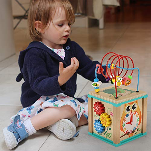 TOWO Cuentas de cubo de actividad de madera Laberinto -5 Actividades Montaña rusa Abacus Ruedas dentadas Engranajes Reloj zig zag slide- juguetes educativos tempranos para bebés Montessori de 1 año