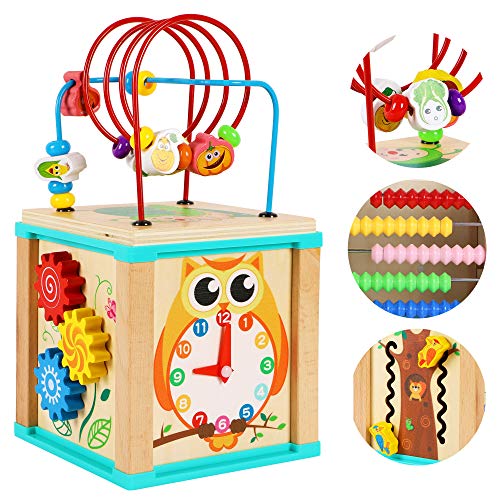 TOWO Cuentas de cubo de actividad de madera Laberinto -5 Actividades Montaña rusa Abacus Ruedas dentadas Engranajes Reloj zig zag slide- juguetes educativos tempranos para bebés Montessori de 1 año