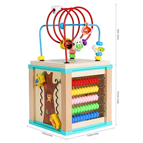 TOWO Cuentas de cubo de actividad de madera Laberinto -5 Actividades Montaña rusa Abacus Ruedas dentadas Engranajes Reloj zig zag slide- juguetes educativos tempranos para bebés Montessori de 1 año