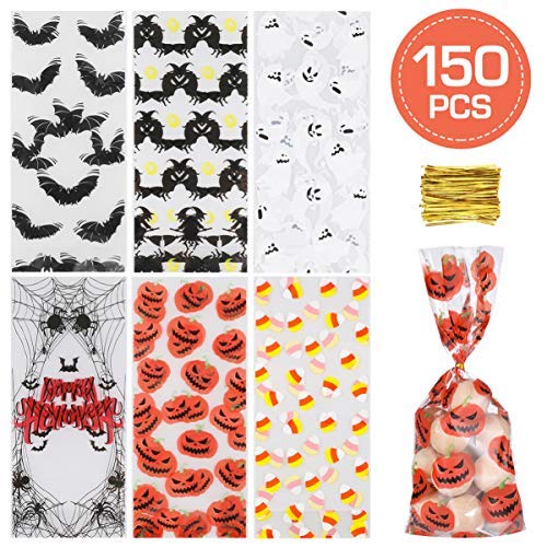 TOYANDONA 150 bolsas de caramelos de Halloween con lazos de torsión dorados portátiles o con 6 modelos de bolsas de regalo para fiestas de Halloween para los amantes de la fiesta