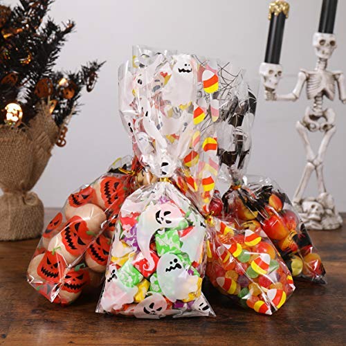 TOYANDONA 150 bolsas de caramelos de Halloween con lazos de torsión dorados portátiles o con 6 modelos de bolsas de regalo para fiestas de Halloween para los amantes de la fiesta