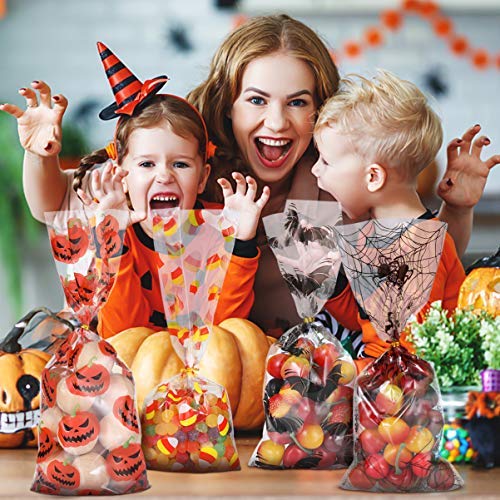 TOYANDONA 150 bolsas de caramelos de Halloween con lazos de torsión dorados portátiles o con 6 modelos de bolsas de regalo para fiestas de Halloween para los amantes de la fiesta