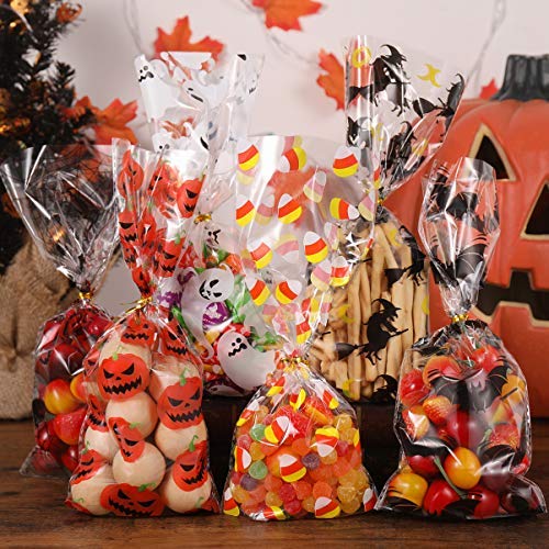 TOYANDONA 150 bolsas de caramelos de Halloween con lazos de torsión dorados portátiles o con 6 modelos de bolsas de regalo para fiestas de Halloween para los amantes de la fiesta