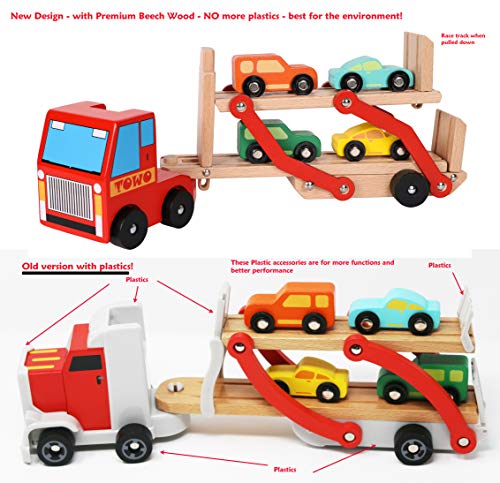 Toys of Wood Oxford TOWO Camión de Madera portacoches Juguete - Camión transportador con Remolque de Dos Pisos y 4 Coches de Madera - Juguetes de Madera del Coche para niños