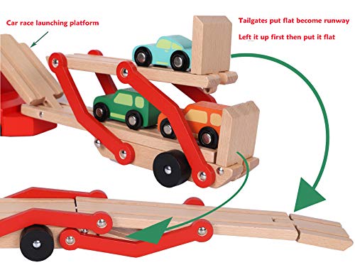 Toys of Wood Oxford TOWO Camión de Madera portacoches Juguete - Camión transportador con Remolque de Dos Pisos y 4 Coches de Madera - Juguetes de Madera del Coche para niños