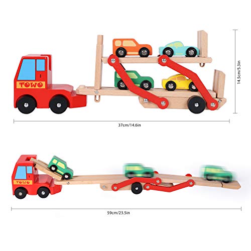 Toys of Wood Oxford TOWO Camión de Madera portacoches Juguete - Camión transportador con Remolque de Dos Pisos y 4 Coches de Madera - Juguetes de Madera del Coche para niños