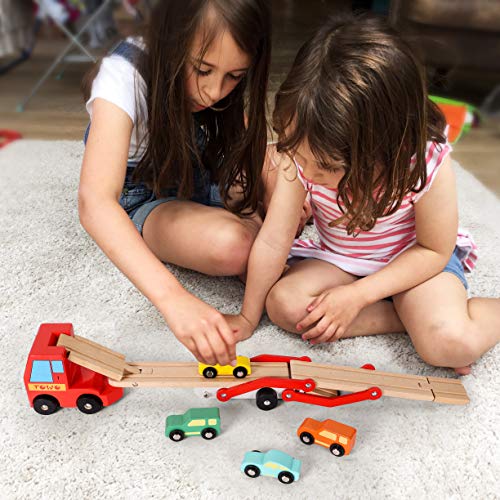 Toys of Wood Oxford TOWO Camión de Madera portacoches Juguete - Camión transportador con Remolque de Dos Pisos y 4 Coches de Madera - Juguetes de Madera del Coche para niños