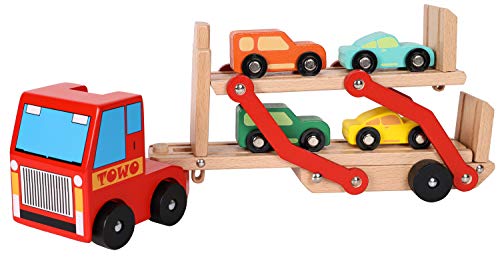 Toys of Wood Oxford TOWO Camión de Madera portacoches Juguete - Camión transportador con Remolque de Dos Pisos y 4 Coches de Madera - Juguetes de Madera del Coche para niños