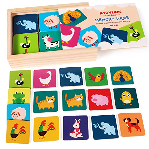 Toyssa 30 Piezas Juegos de Memoria de Madera Juegos Educativos para Niños Niñas 3 Años Juego de Cartas Animales Bonitos Infantil Juguetes Memoria para Parejas y Aprender