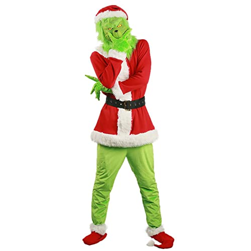 TQIQT Christmas Grinch Green Cómo el Disfraz de Grinch Traje de 7 Piezas Peludo Santa Cosplay Niños Niñas Niños Niñas (S-3XL 100-150)