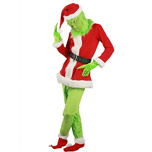 TQIQT Christmas Grinch Green Cómo el Disfraz de Grinch Traje de 7 Piezas Peludo Santa Cosplay Niños Niñas Niños Niñas (S-3XL 100-150)