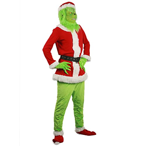 TQIQT Christmas Grinch Green Cómo el Disfraz de Grinch Traje de 7 Piezas Peludo Santa Cosplay Niños Niñas Niños Niñas (S-3XL 100-150)