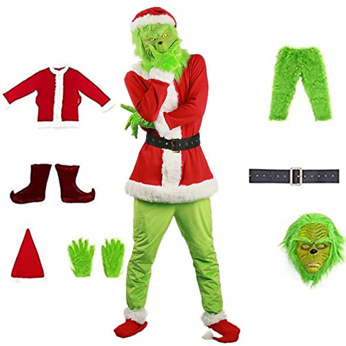 TQIQT Christmas Grinch Green Cómo el Disfraz de Grinch Traje de 7 Piezas Peludo Santa Cosplay Niños Niñas Niños Niñas (S-3XL 100-150)