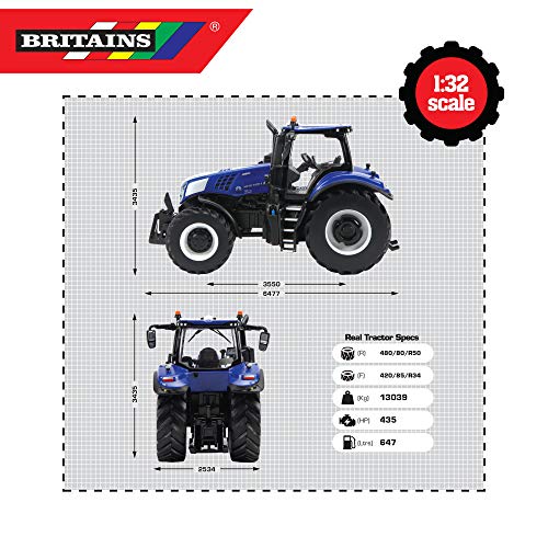 Tractor Tomy Britains New Holland T8.435 para niños con elevación hidráulica Trasera Regulable y Espejos Plegables, Tractor con Peso Frontal, Tractor para Jugar y coleccionar, a Partir de 3 años