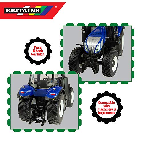 Tractor Tomy Britains New Holland T8.435 para niños con elevación hidráulica Trasera Regulable y Espejos Plegables, Tractor con Peso Frontal, Tractor para Jugar y coleccionar, a Partir de 3 años