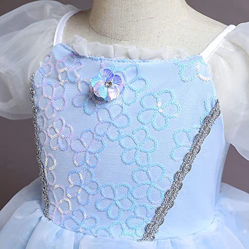 Trajes de Princesa Cenicienta para Niñas Infantil Cinderella Disfraz Manga Corta Tutu Vestido Largo de Tul con Accesorios para Carnaval Cosplay Halloween Navidad Fiesta de Cumpleaños Azul Claro 5-6