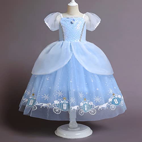 Trajes de Princesa Cenicienta para Niñas Infantil Cinderella Disfraz Manga Corta Tutu Vestido Largo de Tul con Accesorios para Carnaval Cosplay Halloween Navidad Fiesta de Cumpleaños Azul Claro 5-6