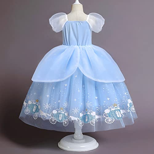 Trajes de Princesa Cenicienta para Niñas Infantil Cinderella Disfraz Manga Corta Tutu Vestido Largo de Tul con Accesorios para Carnaval Cosplay Halloween Navidad Fiesta de Cumpleaños Azul Claro 5-6