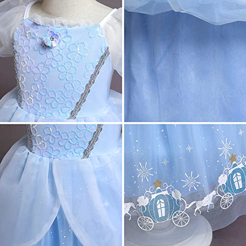 Trajes de Princesa Cenicienta para Niñas Infantil Cinderella Disfraz Manga Corta Tutu Vestido Largo de Tul con Accesorios para Carnaval Cosplay Halloween Navidad Fiesta de Cumpleaños Azul Claro 5-6