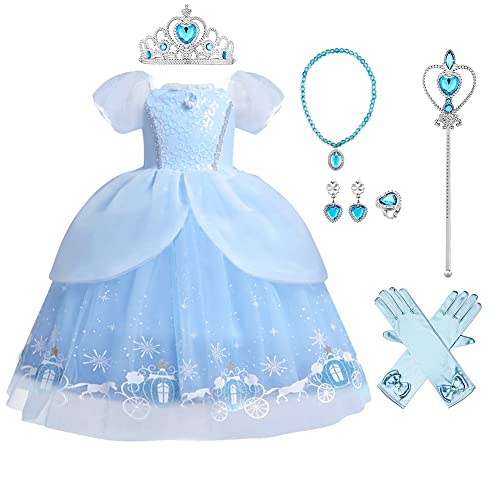 Trajes de Princesa Cenicienta para Niñas Infantil Cinderella Disfraz Manga Corta Tutu Vestido Largo de Tul con Accesorios para Carnaval Cosplay Halloween Navidad Fiesta de Cumpleaños Azul Claro 5-6