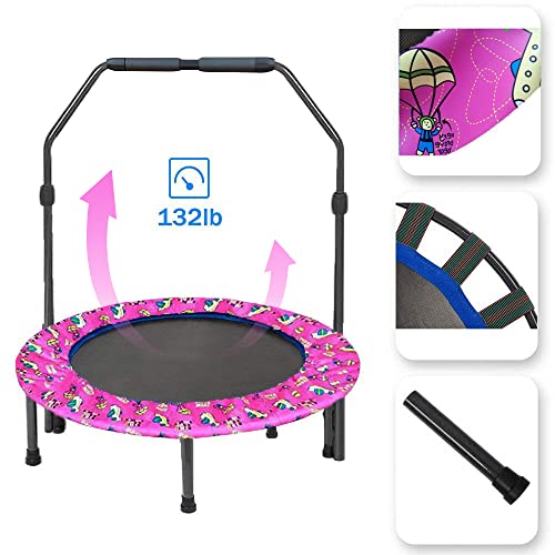 Trampolín para Niños Trampolín de 36 Pulgadas con Manija Ajustable y Cubierta Protectora, Trampolín Elástico Hinchable Plegable Seguro y Duradero para Interiores/Exteriores