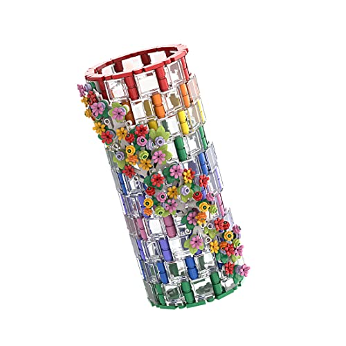 TRCS Jarrón de bloques de construcción, 473 piezas, transparente, arcoíris, jarrón con bloques de sujeción, compatible con ramo de flores Lego 10280