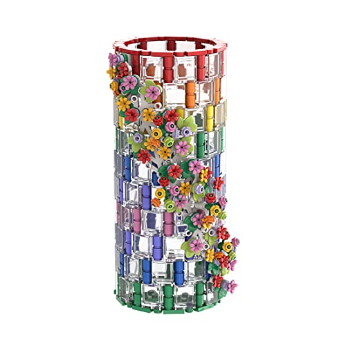 TRCS Jarrón de bloques de construcción, 473 piezas, transparente, arcoíris, jarrón con bloques de sujeción, compatible con ramo de flores Lego 10280