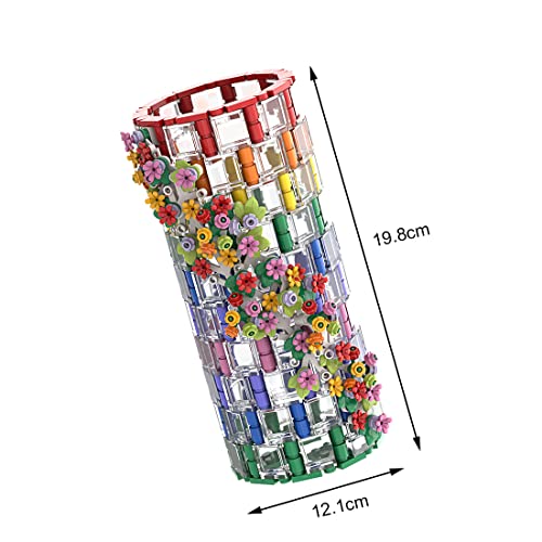 TRCS Jarrón de bloques de construcción, 473 piezas, transparente, arcoíris, jarrón con bloques de sujeción, compatible con ramo de flores Lego 10280