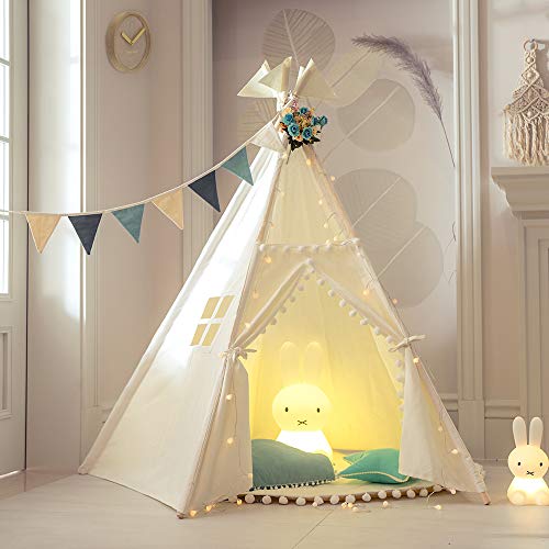 TreeBud Tienda Tipi para niños - Tienda Infantil Indias Blancas de Cinco Postes - Casa de Juegos de Lona de Algodón con Encaje de Pompones con Bolsa de Mano para Interiores y Exteriores