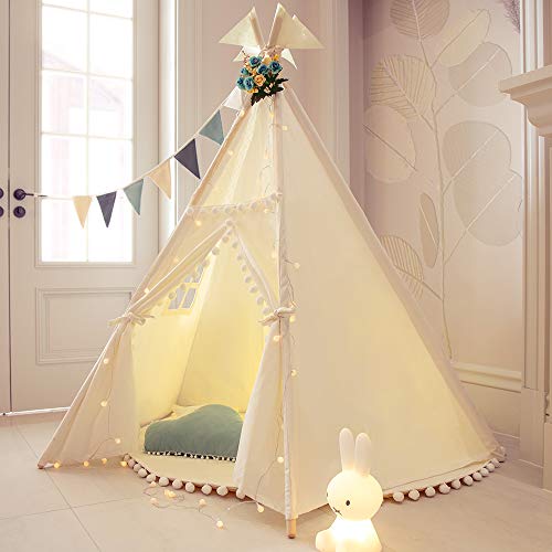 TreeBud Tienda Tipi para niños - Tienda Infantil Indias Blancas de Cinco Postes - Casa de Juegos de Lona de Algodón con Encaje de Pompones con Bolsa de Mano para Interiores y Exteriores