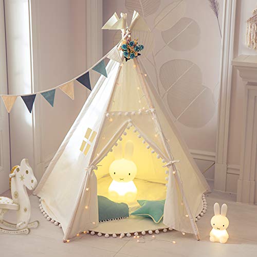 TreeBud Tienda Tipi para niños - Tienda Infantil Indias Blancas de Cinco Postes - Casa de Juegos de Lona de Algodón con Encaje de Pompones con Bolsa de Mano para Interiores y Exteriores