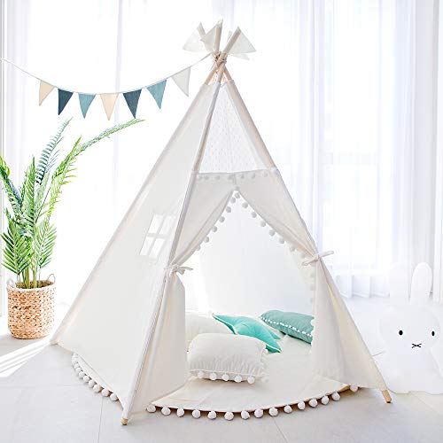 TreeBud Tienda Tipi para niños - Tienda Infantil Indias Blancas de Cinco Postes - Casa de Juegos de Lona de Algodón con Encaje de Pompones con Bolsa de Mano para Interiores y Exteriores