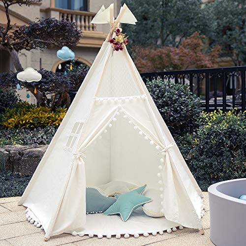 TreeBud Tienda Tipi para niños - Tienda Infantil Indias Blancas de Cinco Postes - Casa de Juegos de Lona de Algodón con Encaje de Pompones con Bolsa de Mano para Interiores y Exteriores