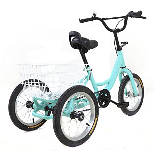 Triciclo infantil de 14/16 pulgadas para jóvenes, 3 bicicletas, compras, bicicleta con cesta, para niños de 5 a 10 años, bicicleta para deportes al aire libre (14 pulgadas, verde claro)