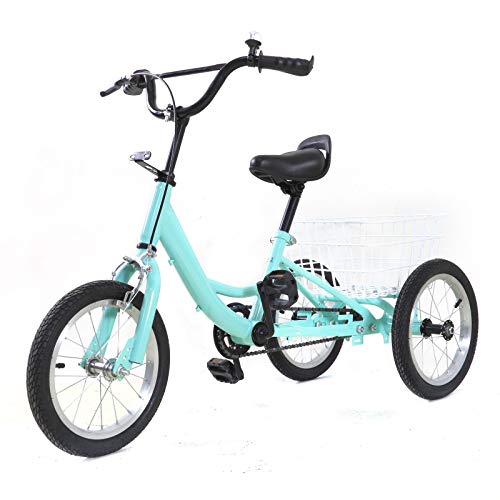 Triciclo infantil de 14/16 pulgadas para jóvenes, 3 bicicletas, compras, bicicleta con cesta, para niños de 5 a 10 años, bicicleta para deportes al aire libre (14 pulgadas, verde claro)