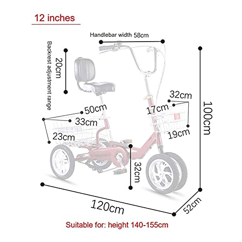 Triciclo Tricycle 3 Bicicletas De Ruedas Adulto Título De Adultos 12 Pulgadas Triciclo Cruiser Bike Tres Ruedas Bicicletas Con Cesta De Compras, Trikes Para Mujer Para Perros(Size: 12 Inch,Color:rojo)