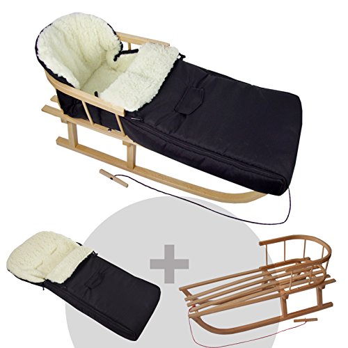 Trineo BambiniWelt de madera con respaldo y cuerda, incluye saco universal de invierno de lana (108 cm), adecuado para asiento de bebé, cochecito, silla de paseo y trineo, negro