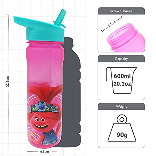 Trolls Polar Gear - Botella de agua reutilizable de 600 ml, sin BPA, diseño de arcoíris de neón para escuela, guardería y deportes, 23 cm de alto, polipropileno